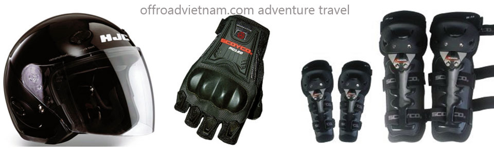 Hanoi Motorbike, Scooter Rental - Motorbike Safety Riding Gear: Korea's HJC helmets. China's Scoyco gloves and protection knee and elbow pads. Riding gear is one of the most important things if you take your adventures seriously. Vietnam Offroad provides helmets, gloves and knee and elbow pads.